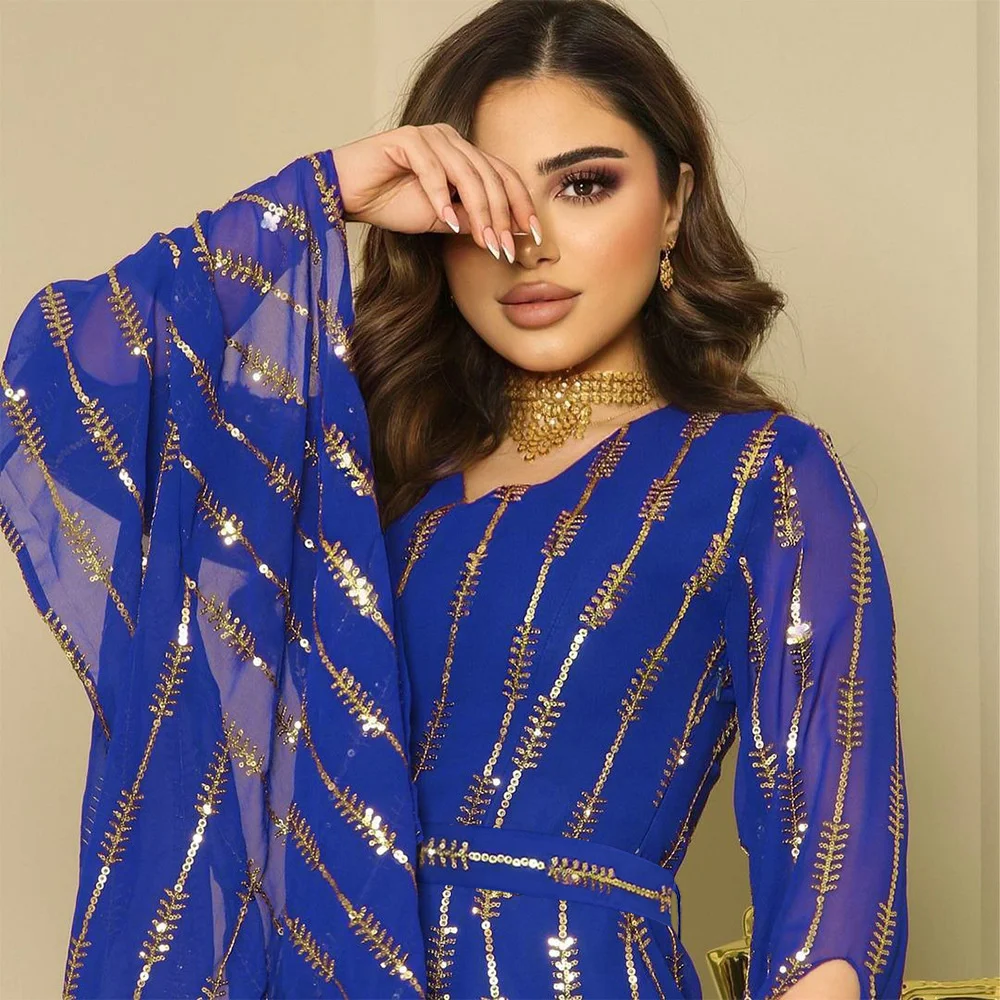 Muslin Dress Fashion Sequin Dress Dubai Arab Chiffon Bean Embroidery Robe V-neck Long Sleeves Dress for Party Fashion Women