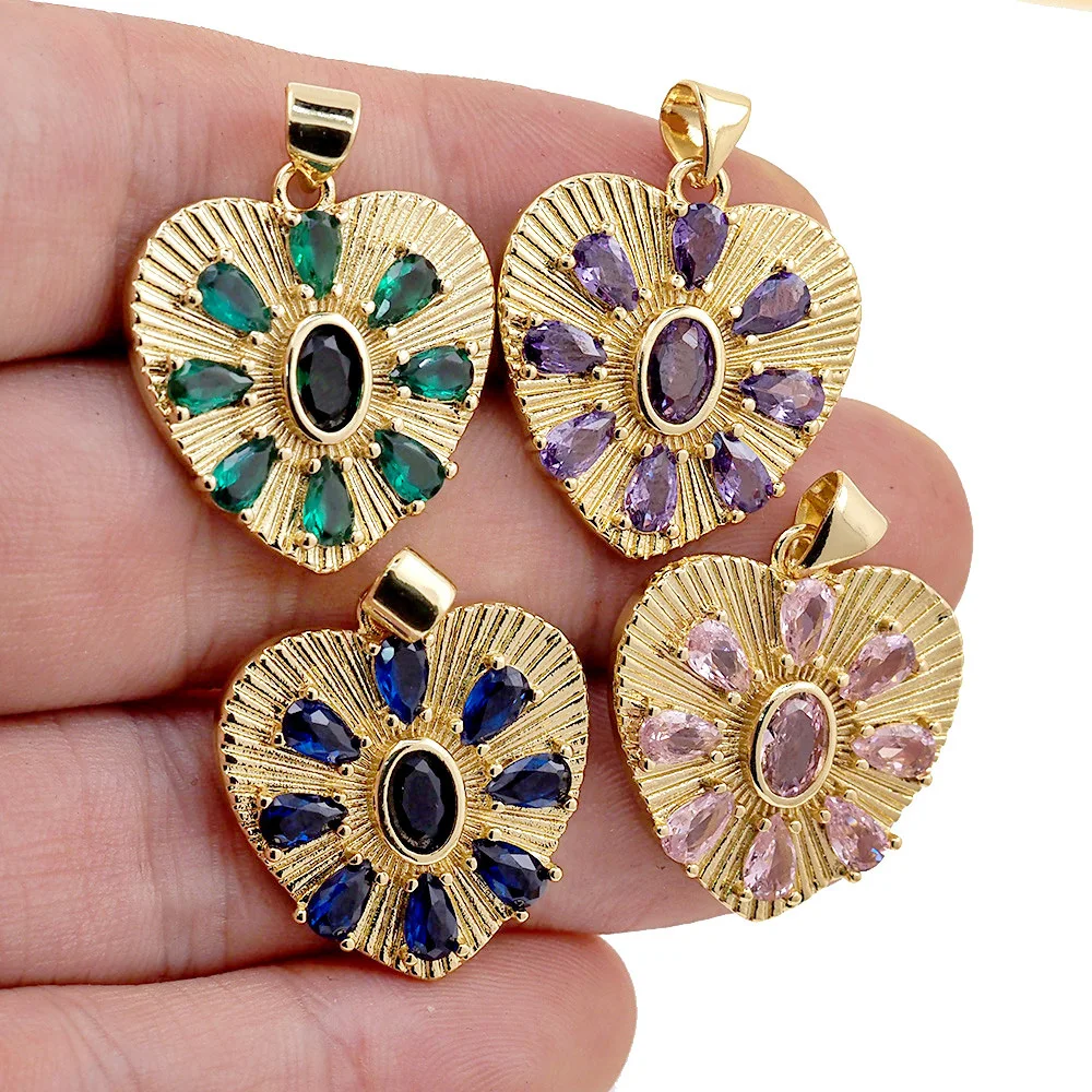 

Luxury CZ Heart Necklace Pendant Gold Plated Copper Inlaid Rainbow Zircon DIY Making Wedding Accessories Jewelry Gifts