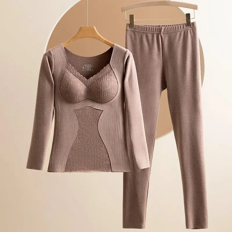 Winter Women Fashion 2 Piece Sets Female Plus Velvet Slim Warm Tops + Long Trousers Ladies Thermal Underwear Suits H618
