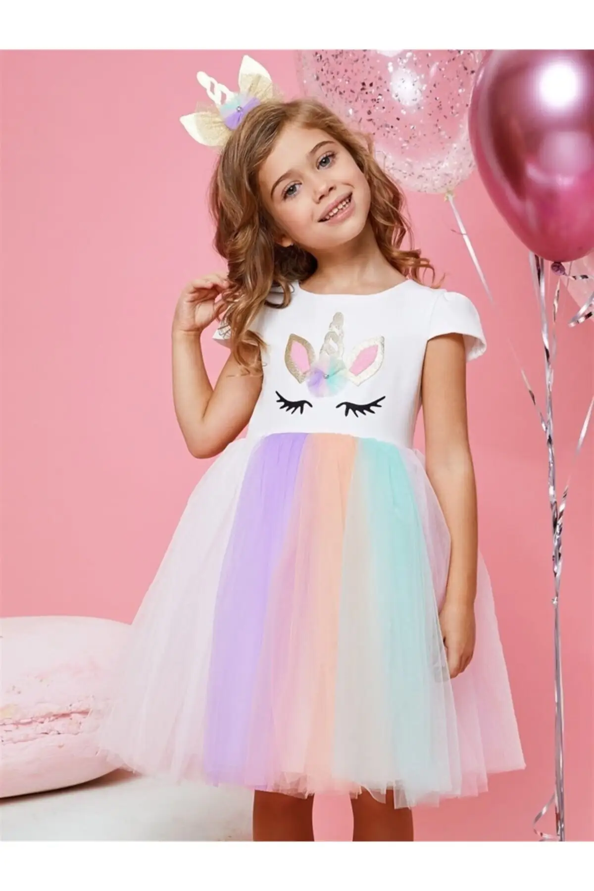 

Ekru Unicorn Crown Girl Children's Party Dress Short Sleeve Round Neck Zipped Thick Crep Dress Clothing