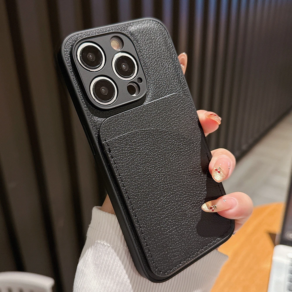 Luxury Leather Slot Card Case with Camera Protection and Soft Silicone Cover