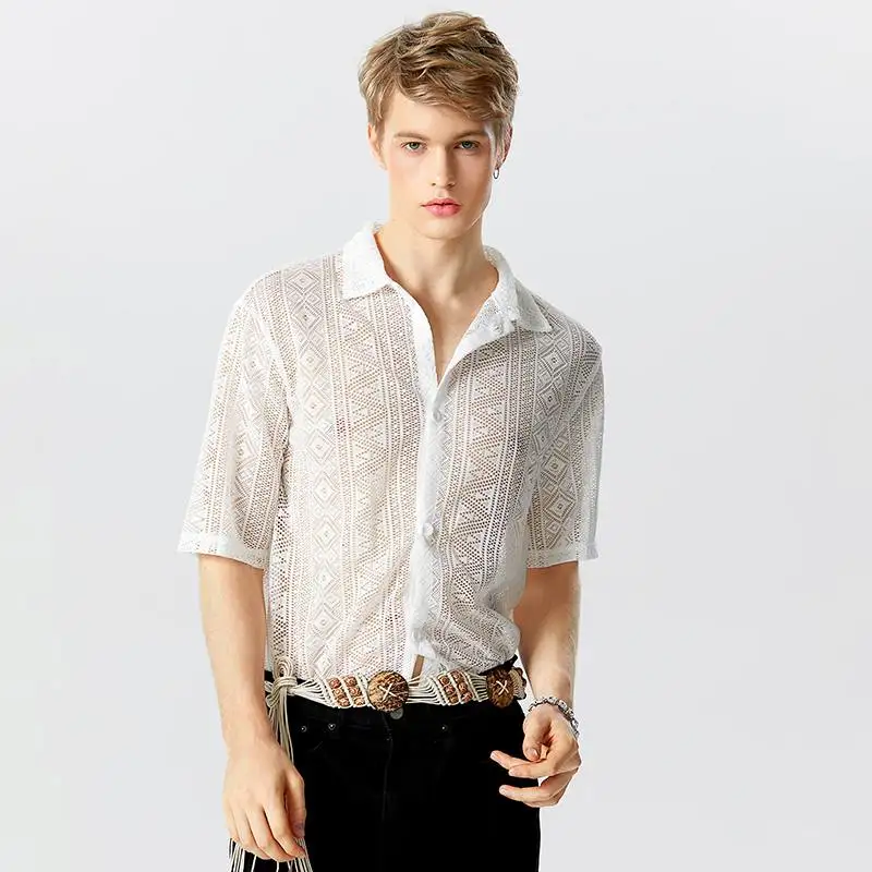 Men See Shirt INCERUN Men Shirt Mesh See Through Lapel Sexy Short Sleeve Lace Button Camisas Streetwear Party Nightclub Men Clothing 7