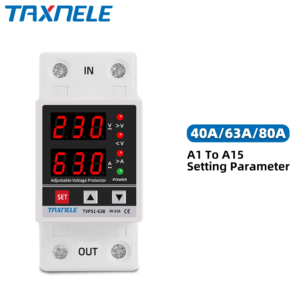 Dual Display 40A 63A 230V Din Rail Adjustable digital Over Under Voltage Relay Surge Protector  Limit Over Current Protection