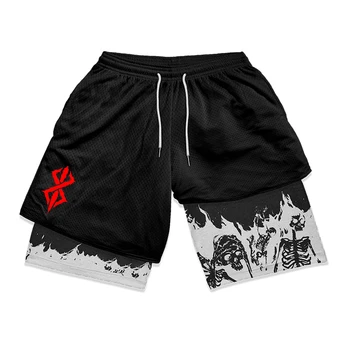 Berserk Skull Print 2 in 1 Running Workout Shorts for Men Gym Athletic Quick Dry Stretch Shorts with Pockets Summer Activewear 4