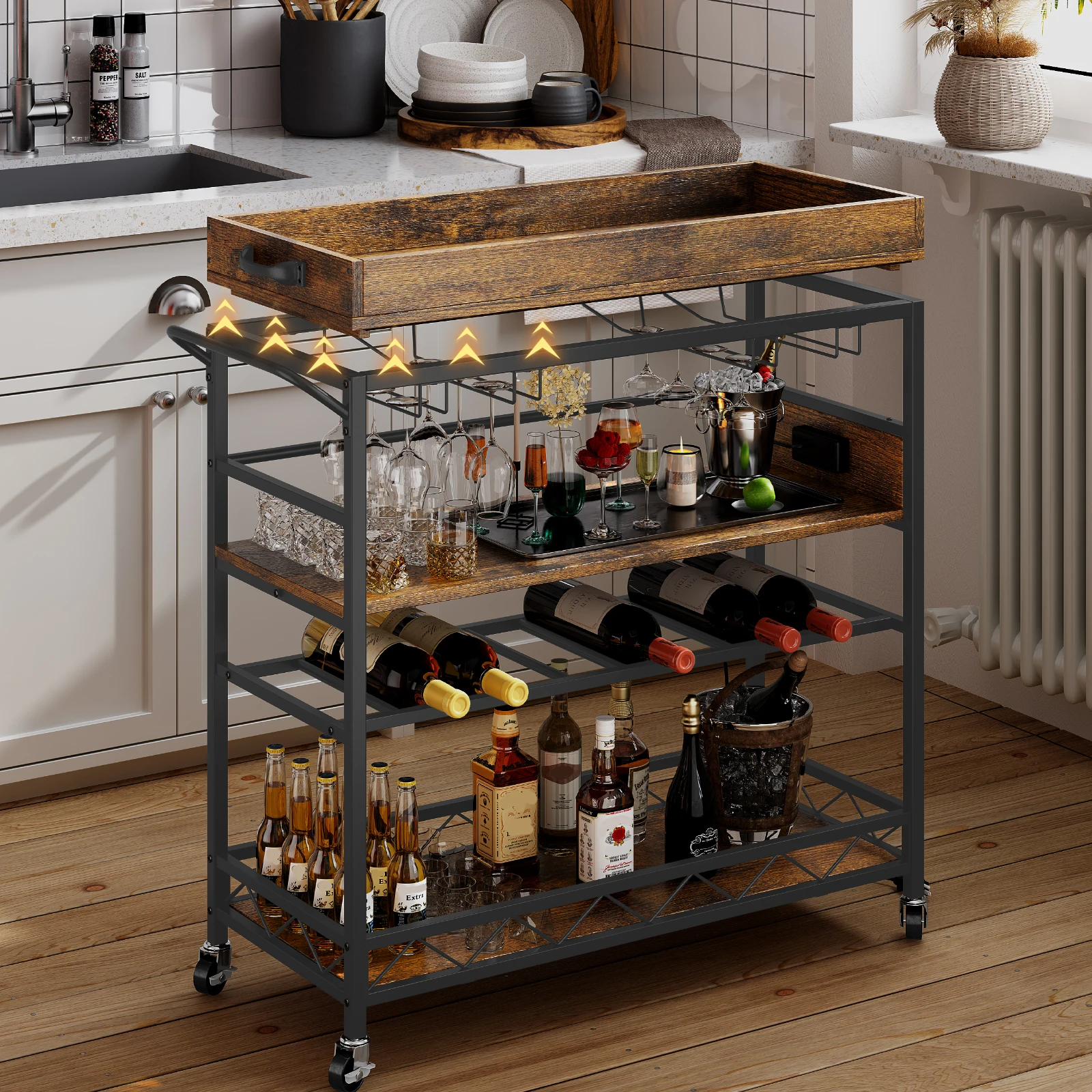Redlife Home Bar Cart Kitchen Organizer cart Mobile Storage Trolley with Wine Rack and Glass Holders for Living Room Dining Room