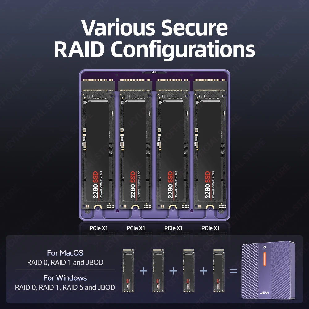 JEYI 4베이 40Gbps RAID NVMe 인클로저 썬더볼트 4/3 호환 터빈 쿨링 개별 및 RAID 모드 호환 맥/윈도우
