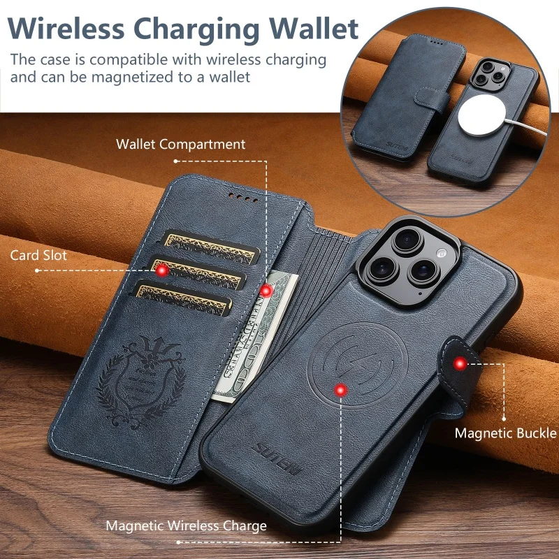 Premium 2-in-1 Detachable Magnetic Leather Wallet Phone Cover with Wireless Charging