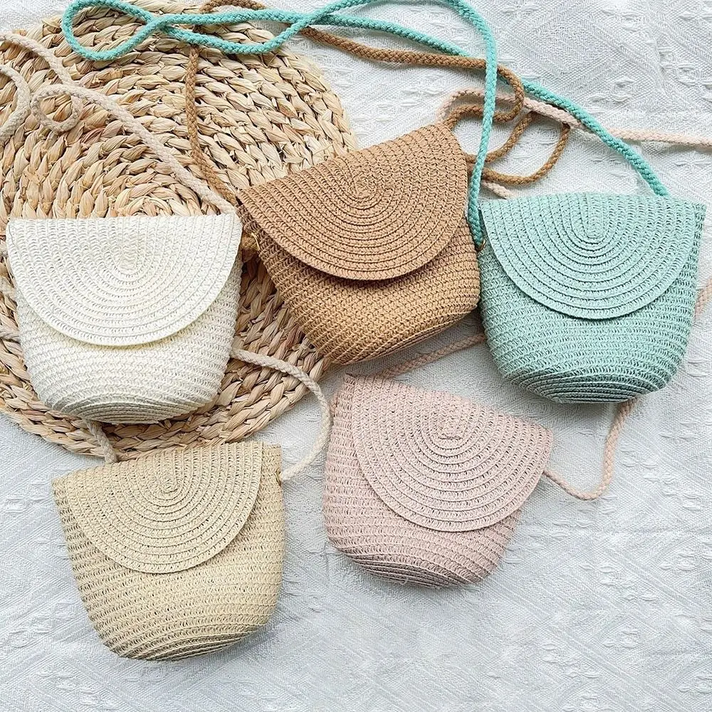 Handgewebte Muschelform Stroh Umhängetasche Umhängetasche Kind Sommer Strand Strohtasche Umschlag Geldbörse für Wowen Girls