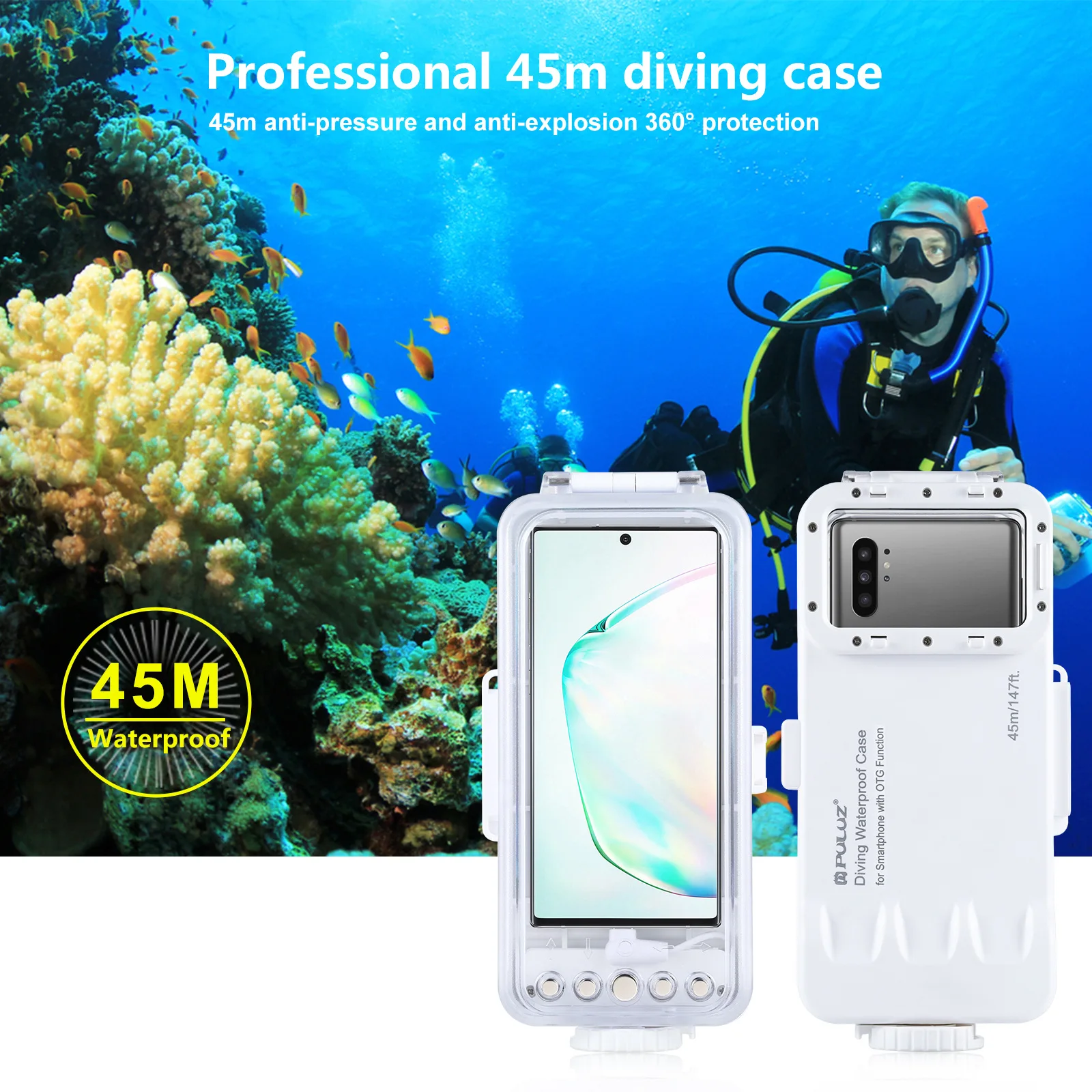 

PULUZ 45m/147ft Waterproof Diving Housing Photo Video Taking Underwater Cover Case for iPhone/Galaxy/Huawei with OTG Function