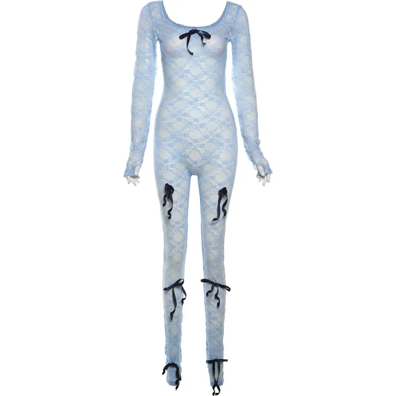 Women Lace Bow Jumpsuits Summer Coquette Low-Neck Sexy Sleeve Square Neck See Through Female Midnight Attirewear Kliou