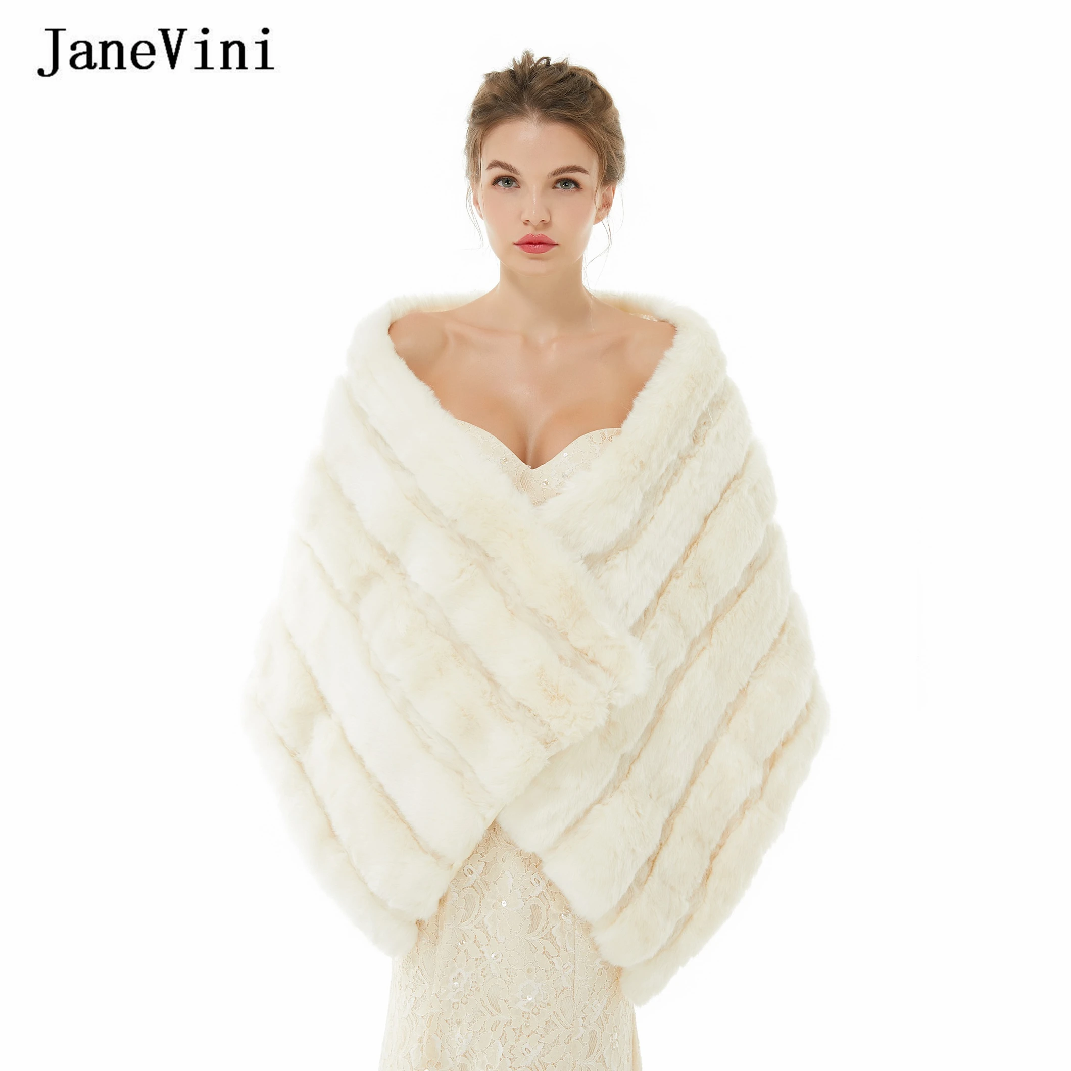 

JaneVini 2022 High Quality Ivory Cape Winter Faux Fur Shawls Wraps Soft Warm Thick Bridal Bolero Cloak Coat Cover Up for Wedding