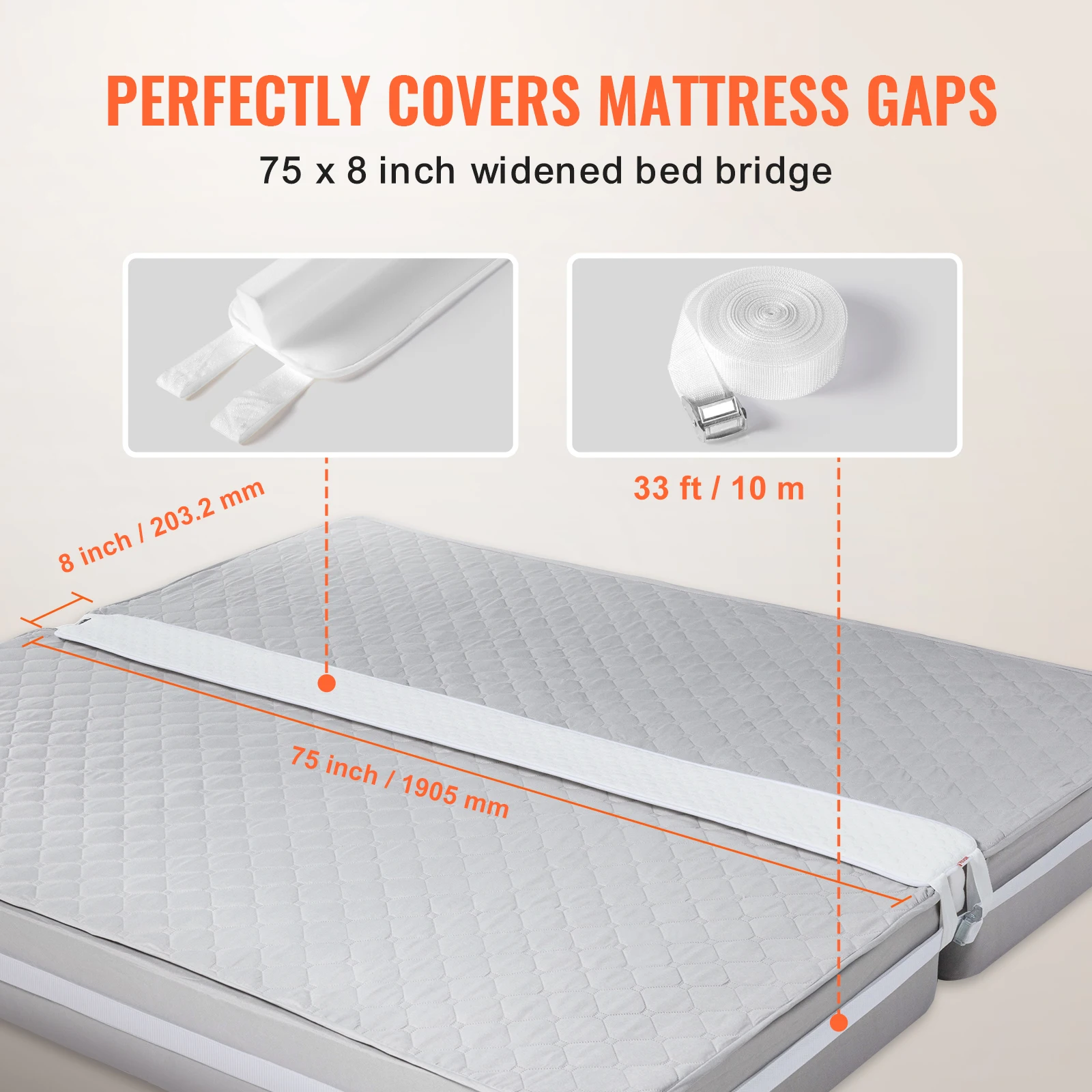 VEVOR Bed Bridge Mattress Connector for Adjustable Bed Mattress Gap Filler with Heavy Duty Metal Buckle Strap 25D Memory Foam 3