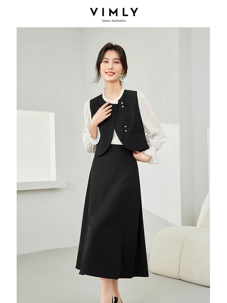 Vimly Black French Style Elegant Skirt Set O-neck Cropped Jacket Elastc Waist A-line Midi Skirt 2 Piece Sets Women Outfit M5909 vimly women autumn dress sets two piece outfit black cropped jackets contrast striped tank dress 2023 new in matching sets 30009