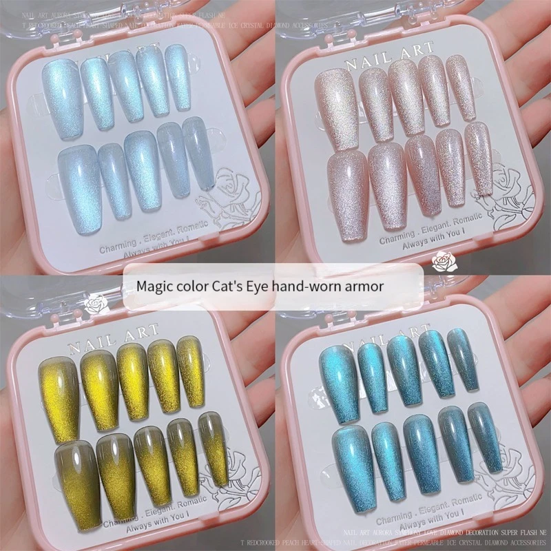 

Crystal Cat's Eye Effect Purple Phototherapy False Nails Press on Full Cover Chameleon Manicure Fake Daily Finger Wear