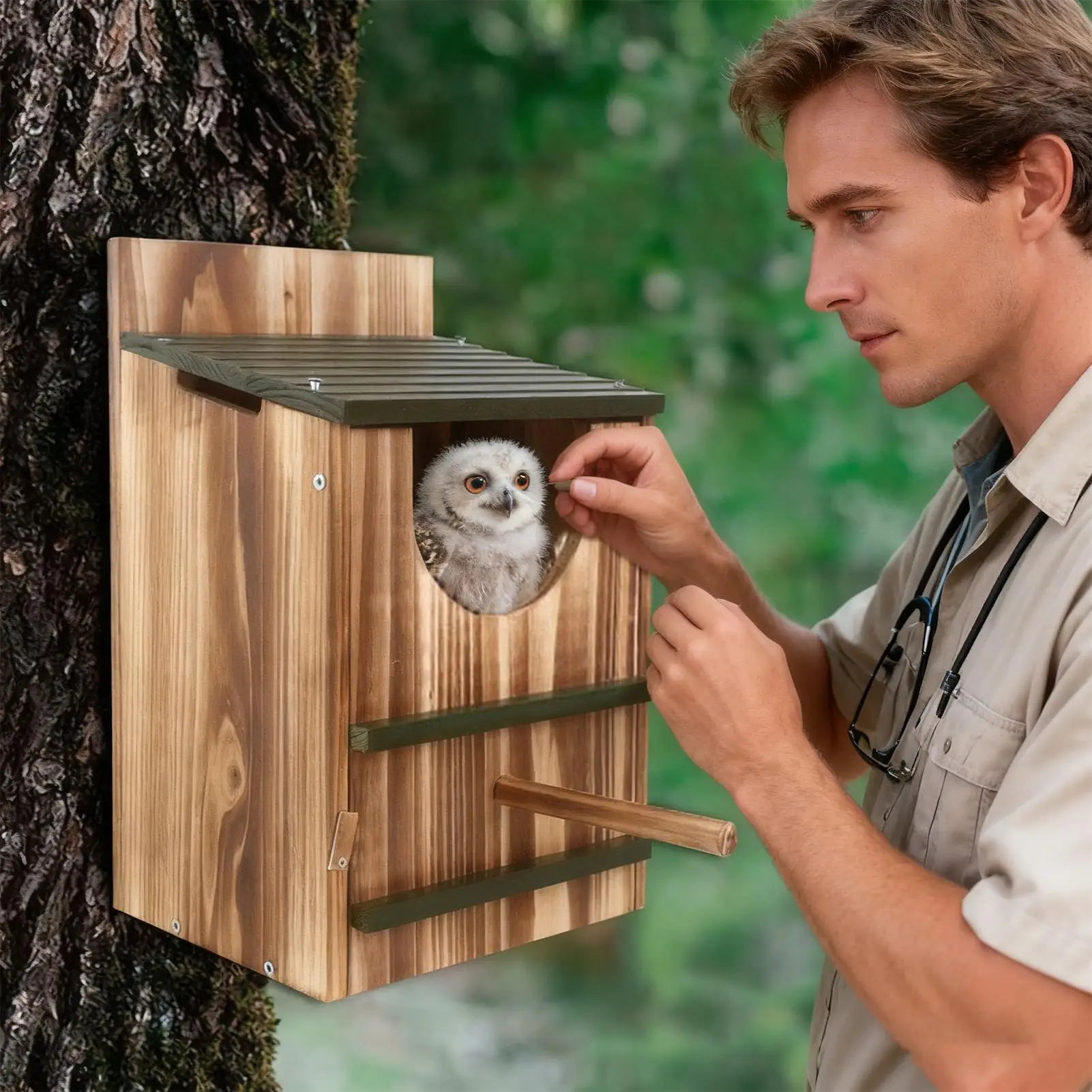 Waterproof Carbonized Wooden Owl & Bird Shelter Nesting Box