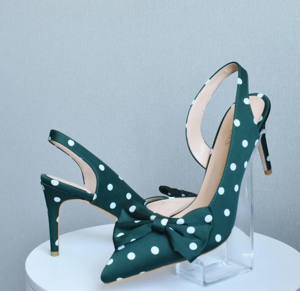 

Woman Bow Tie Slingback 8.5cm Pumps Pointed Toe Stiletto Heels Polka Dot High Heel Dress Party Shoes Plus Size 35-46