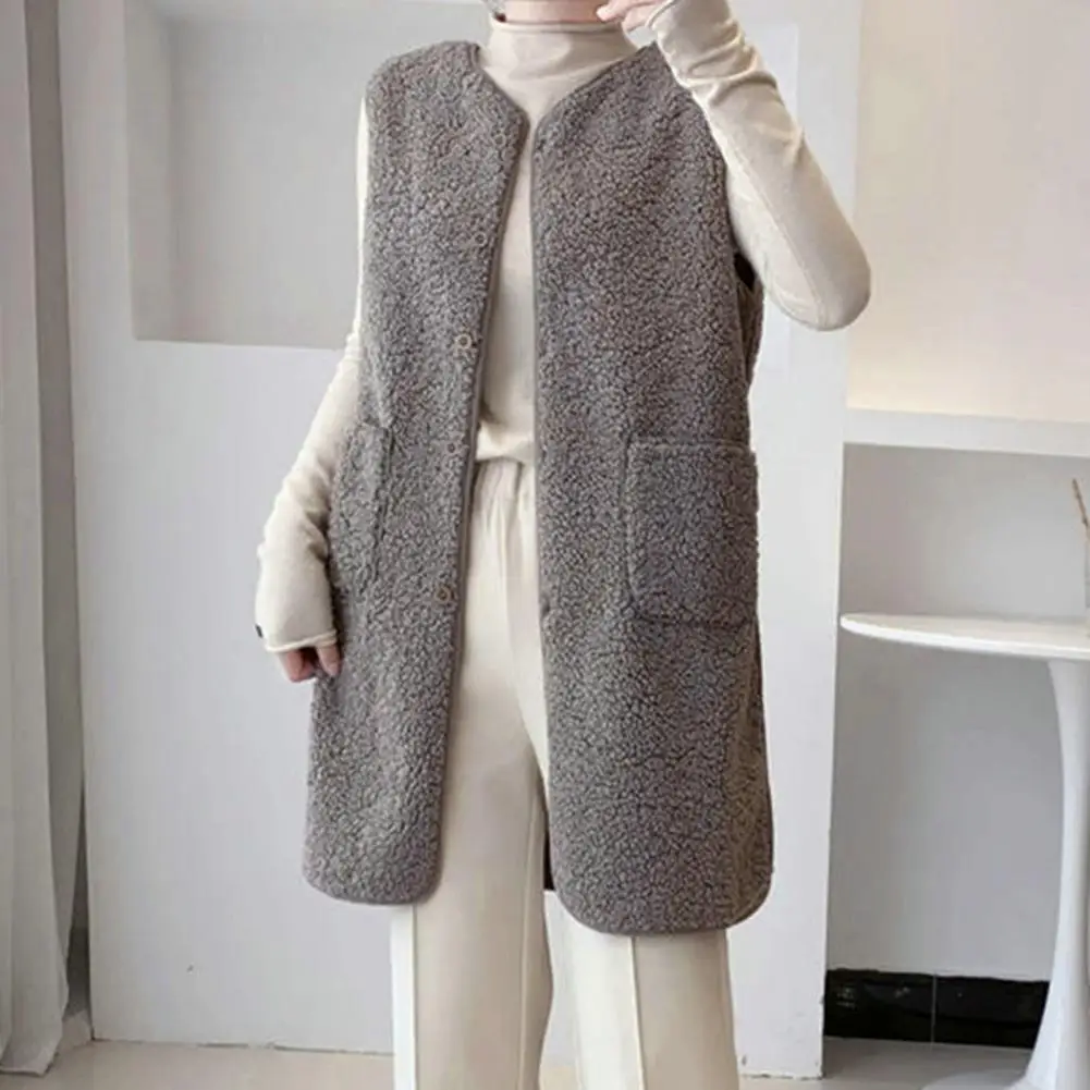 

Women Polyester Vest Stylish Sleeveless V-neck Women's Vest with Button Closure Pocket for Daily Wear Casual Mid-length Coat