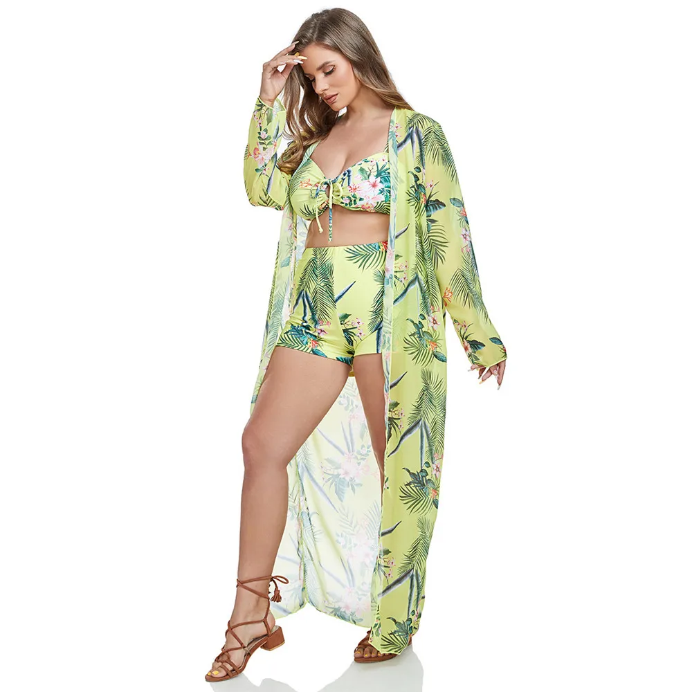 Swimsuit bikini printed beach sun protection blouse swimsuit three-piece suit summer beach holiday swimsuit sun protection
