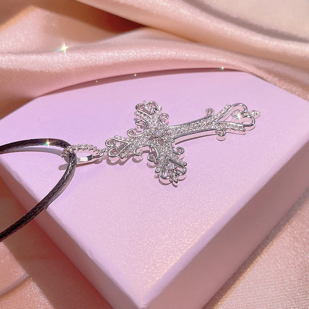 925 Silver Palace Wind Cross Necklace Card Christian Religious Zircon Jewelry Tourist Souvenirs Gift Vintage pendant necklace,silver necklace,silver pendant,silver necklace charms