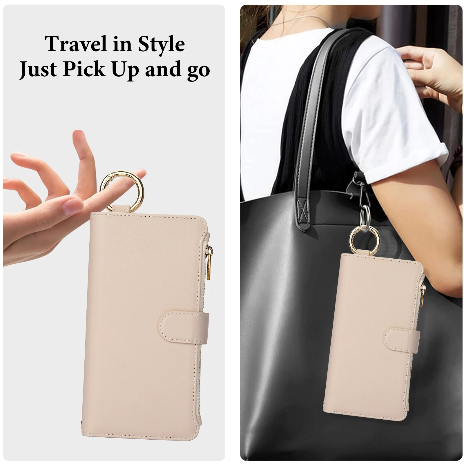 Multi-Functional Leather Wallet Case with Card Slots, Wristband, Zipper, and Shockproof Ring Holder