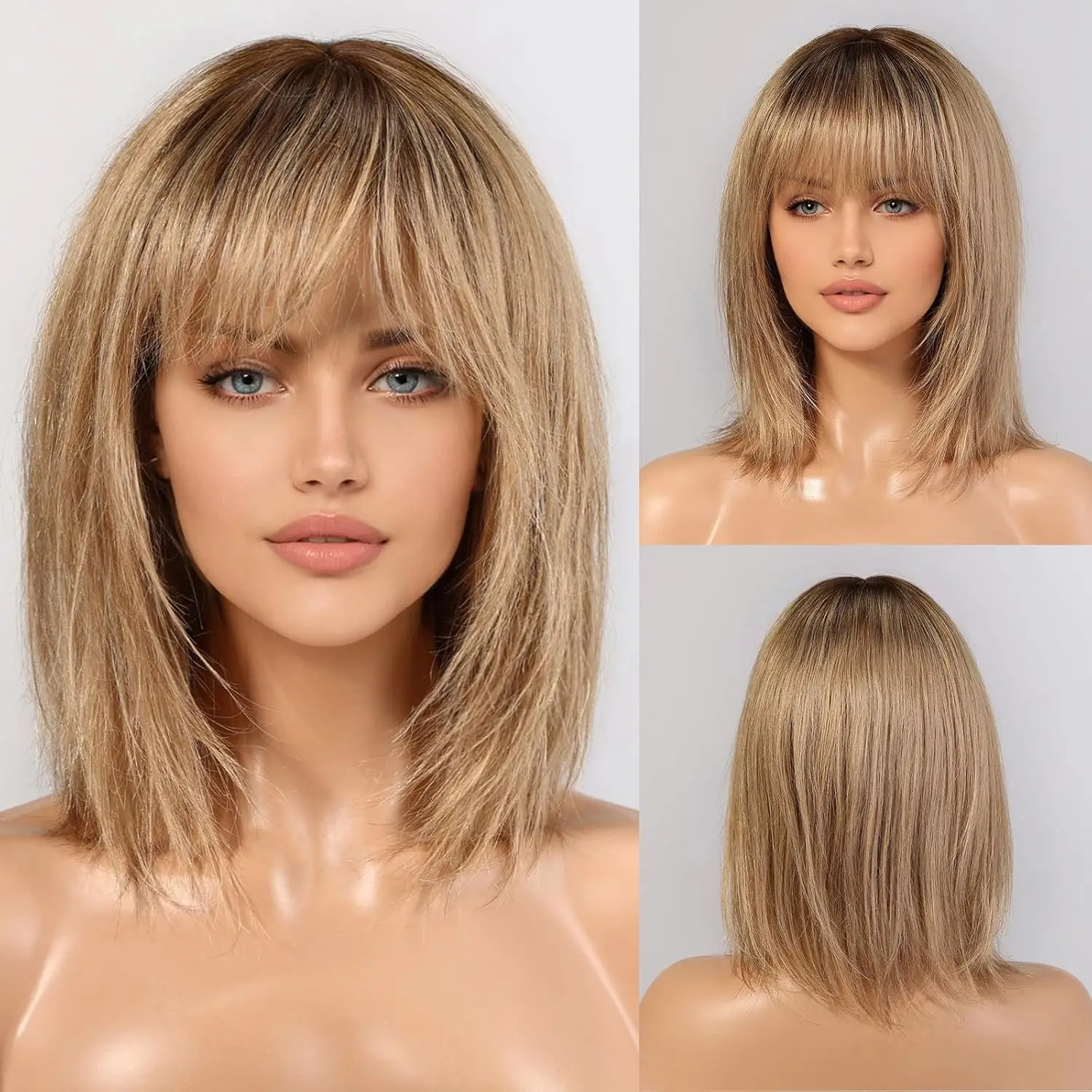 12-Zoll-Echthaarperücken mit Pony, kurze gerade Perücke für Frauen, 100 % Remy-Haarperücken, Ombre-Hellbraun, geschichtetes Haar, Alltagskleidung – Detail 5