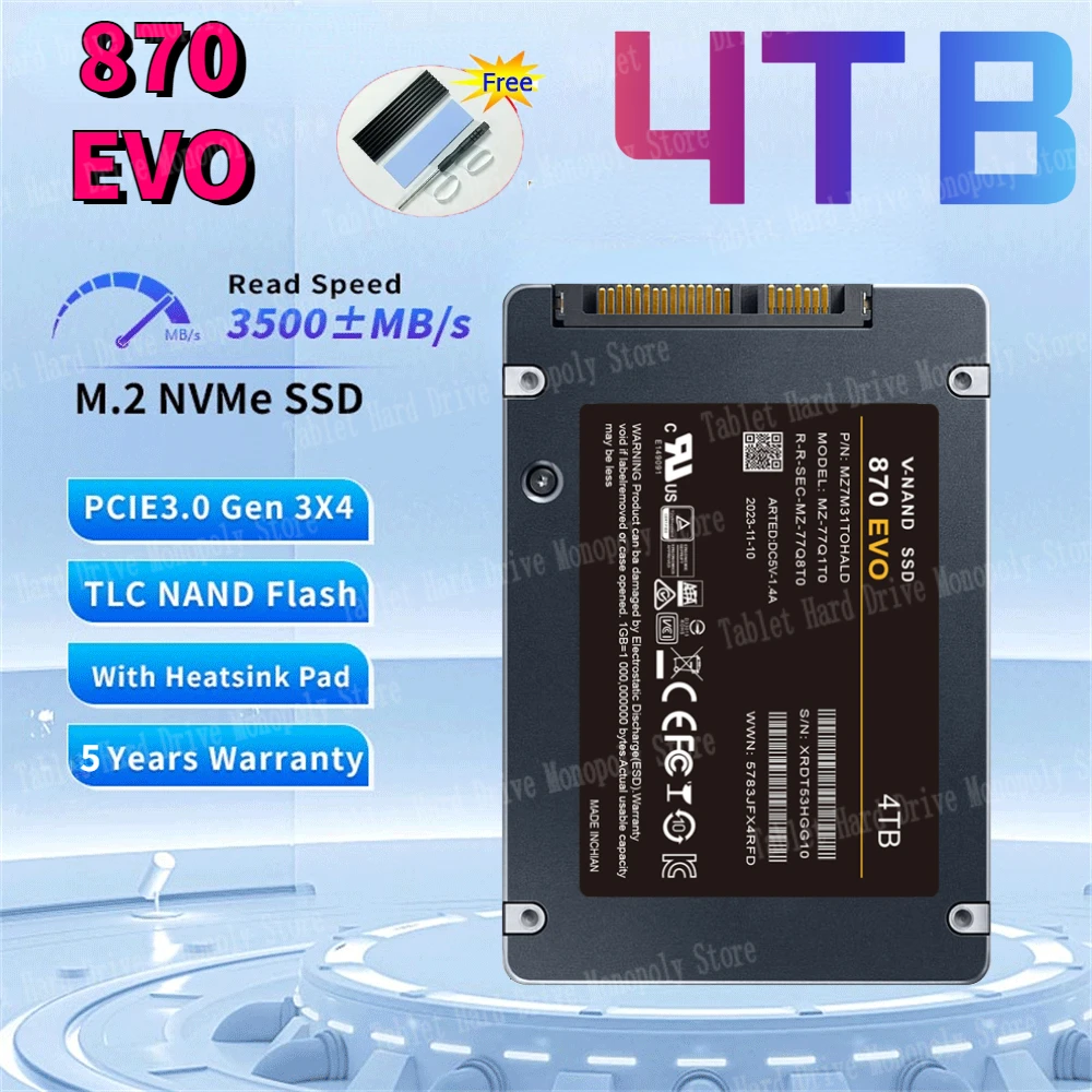 

870 EVO Ssd Nvme M2 1TB 2TB 4TB 512GB Disk Hard Drive 3500MB/s SATA 3 2.5 Inch for Laptop Desktop Notebook Mini PC Computer PS5