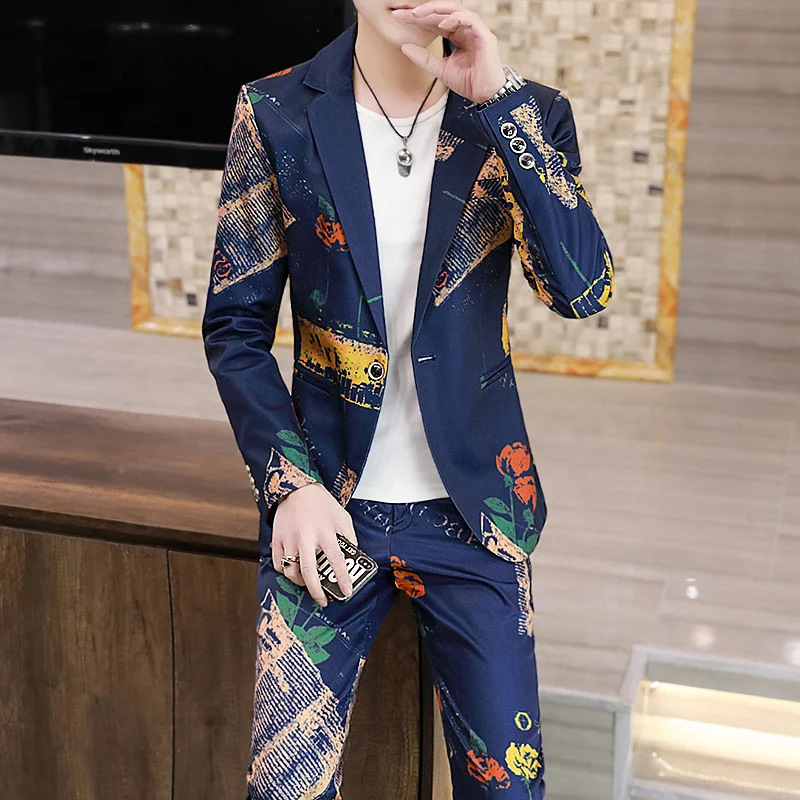 Men's Slim Fit Business Casual Two-Piece Set Autumn Korean Fashion Print Wedding Suit with Trousers Trendy