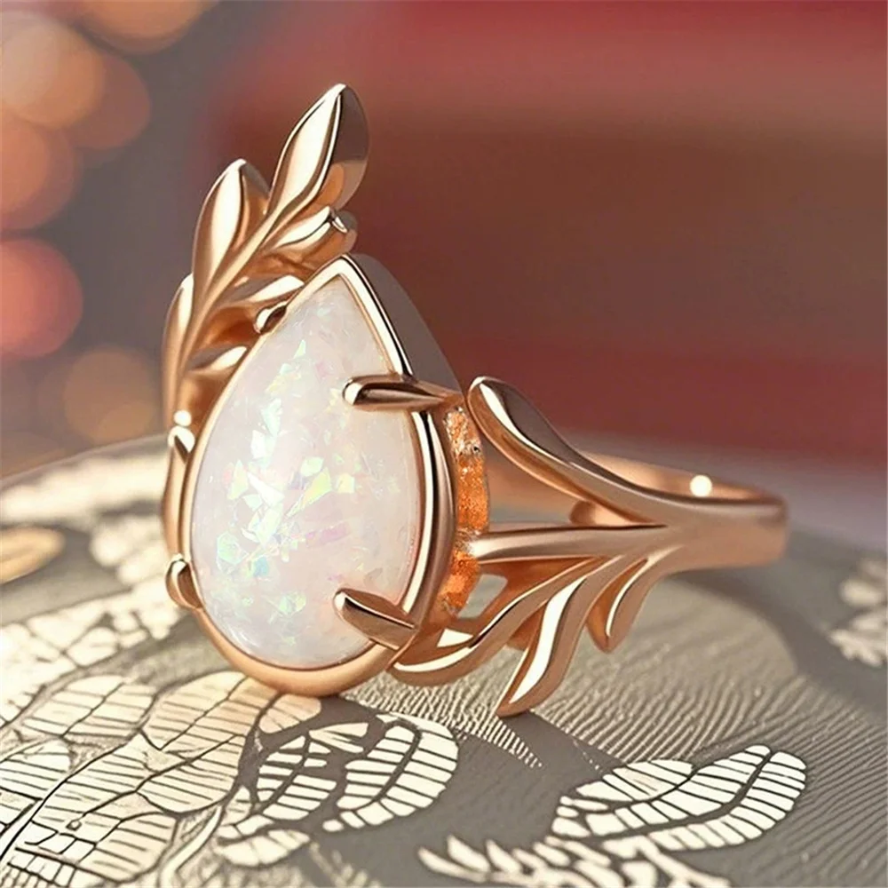 White Fire Opal Stone Cute Water Drop Rings For Women Gold Color Engagement Wedding Jewelry