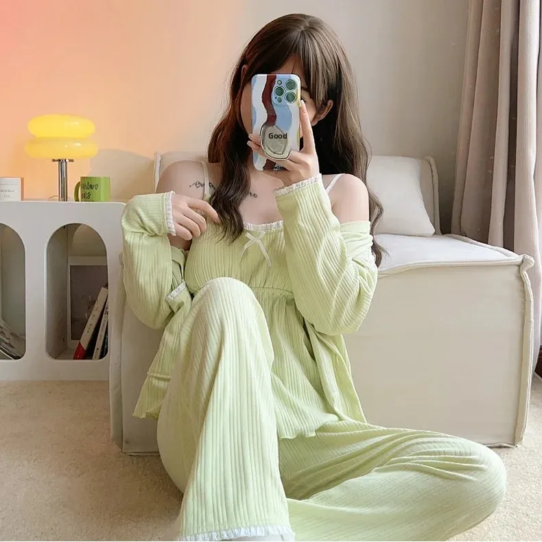 مجموعة ملابس نوم نسائية أنيقة بأكمام طويلة، سترة صوفية مزخرفة بالدانتيل، ملابس منزلية حلوة، بيجامات مريحة للربيع والخريف