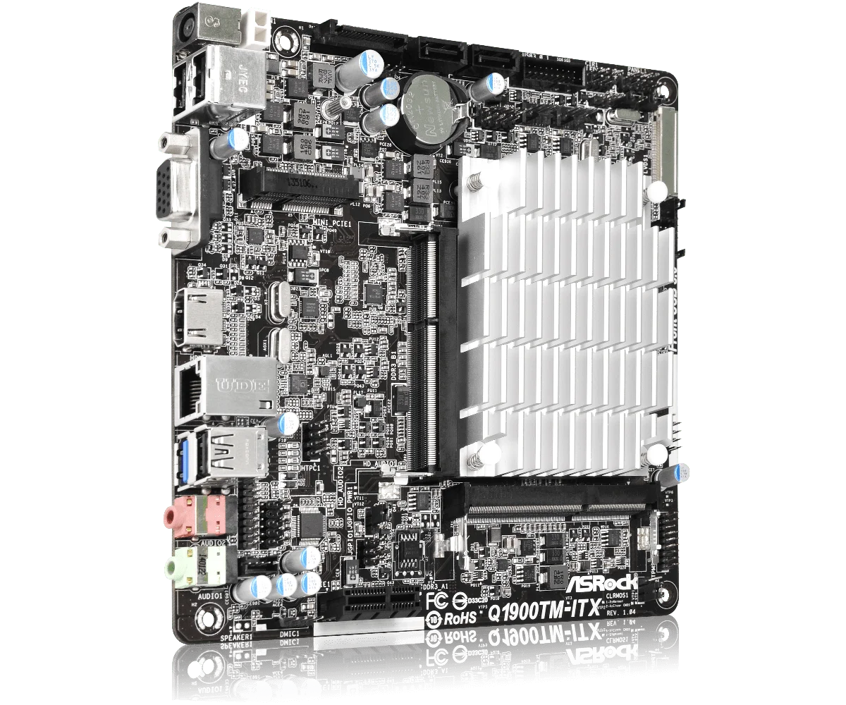 ASRock Q1900TM-ITX Carte Mère Intel®Carte mère Mini-ITX, processeur Quad-Core J1900, DDR3, 16 Go, 1xPCIe 2.0, 2xSATAUSB 3.1