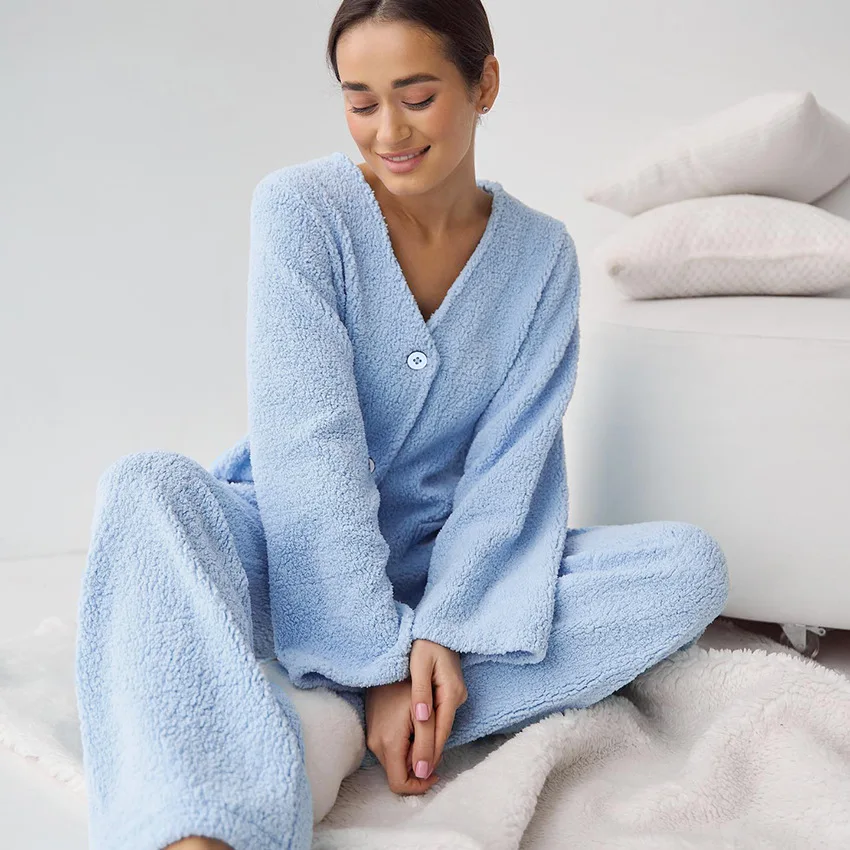 

Женский пижамный комплект, зимняя однотонная флисовая женская одежда для сна с длинным рукавом и V-образным вырезом, 2 шт. с брюками, однобортная Женская одежда для отдыха