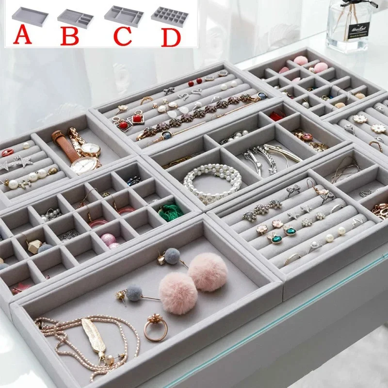 Velvet Jewelry Display Tray Case Hot Sale Stackable Exquisite Jewellery Storage Holder Boxes Portable Ring Earring Organizer Box