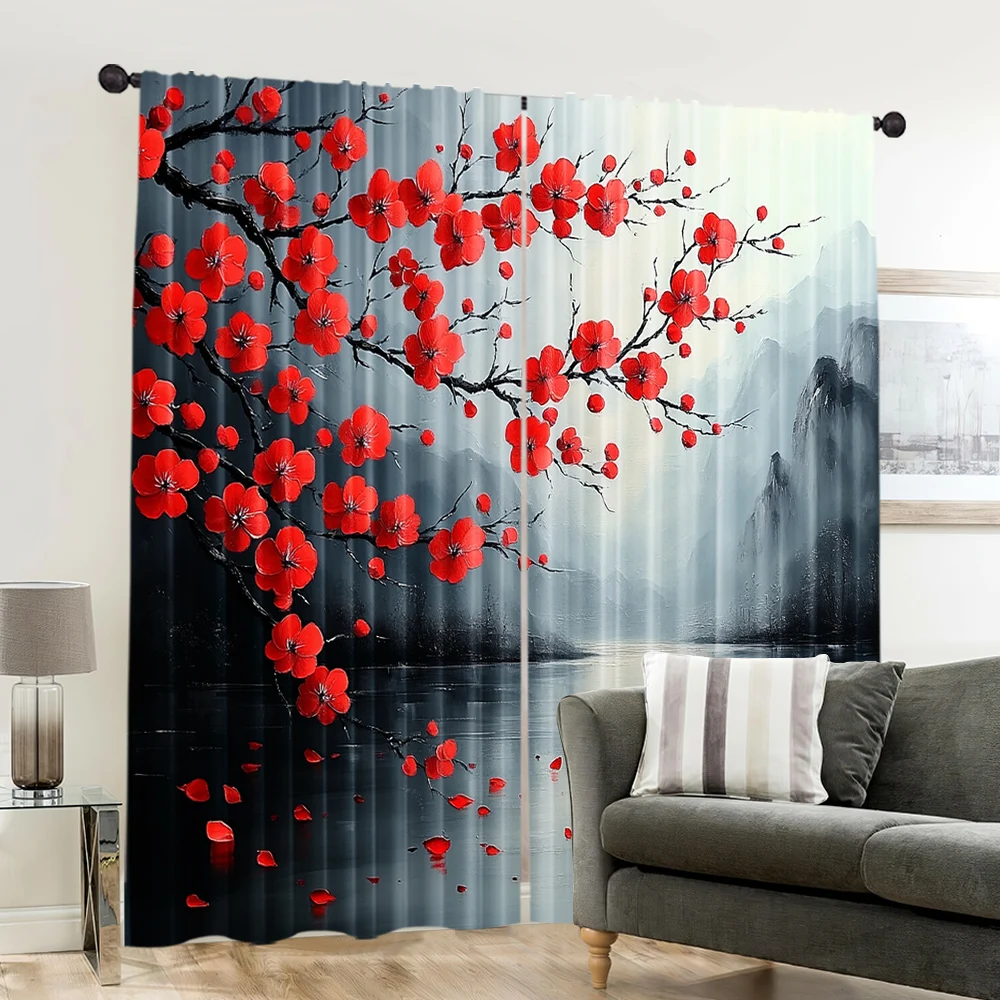 2pcs, spring summer Curtains red plum blossom Sheer Curtains Versatile Polyester Outdoor Decorations Perfect for Bedroom Office 6