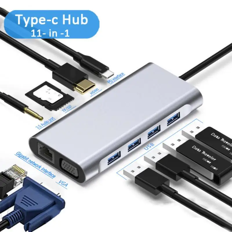 

11 In 1 USB C HUB Laptop Docking Station For Dell HP MacBook Type C Dock PD 3.0 USB RJ45 VGA PD AUX TF/SD Card Reader