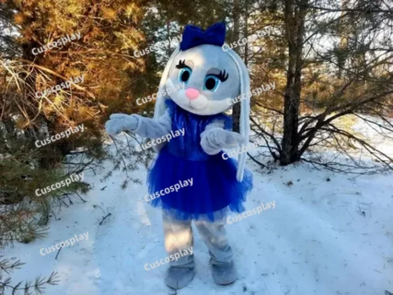 

Cute Grey Hare Rabbit Blue Dress Easter Bunny Mascotte Fancy Cartoon Mascot Costume Plush Fancy