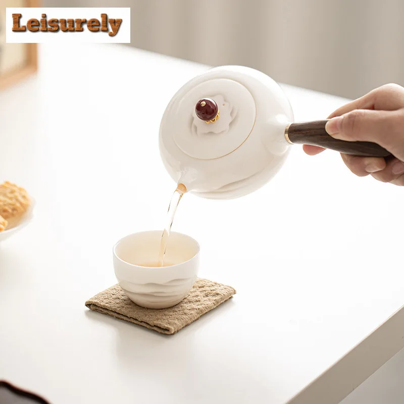 200ml Mutton-fat Jade Porcelain Side Handle Teapot Elegant Ink Far Mountain Pot Tea Brewing Kettle Chinese Tea Set Collection