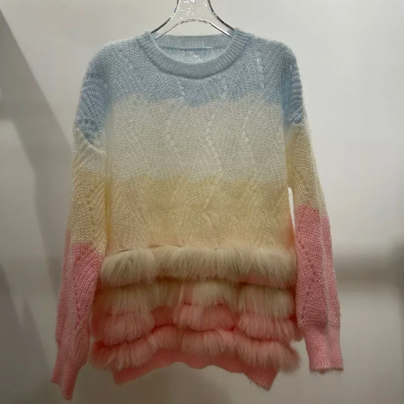 

2024 Sping Stripe Knitted Loose Pullover With Real Fox Fur Trim Plus Size O-neck Casual Long Sleeve Genuine Fur Stripe Sweaters