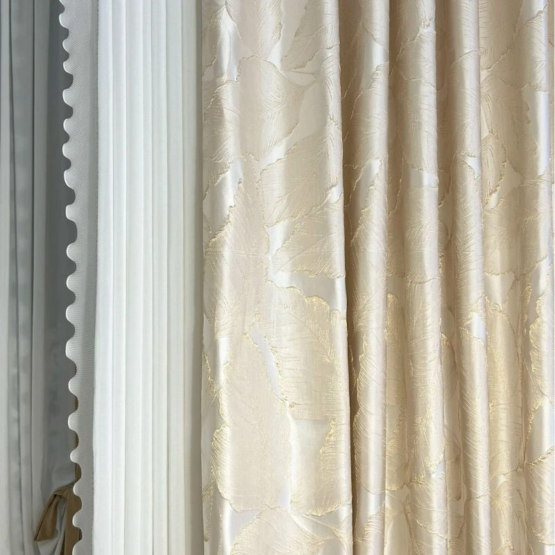 Relief Luxury Gold Wire Window Curtains High-precision Leaf Jacquard Bedroom Curtains Beige Premium Color Curtains Decoration 4