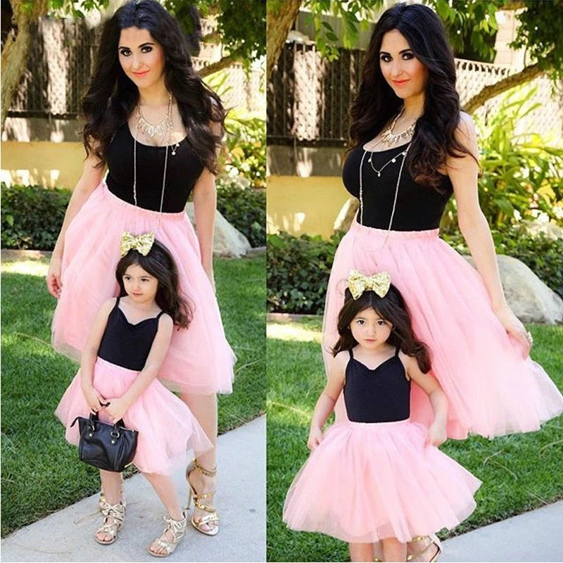 Vestido de verano para madre e hija, ropa de princesa de malla de retales rosa, trajes a juego para Familia, apariencia ropa para mamá y para mí _ - AliExpress Mobile