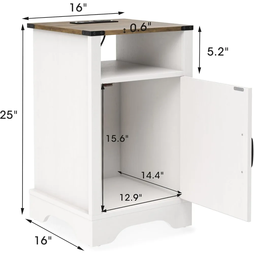 Nightstand Set of 2, White End Table with Charging Station, Tall Farmhouse Bedside Table with Large Storage and Shelf 2