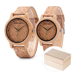 BOBO BIRD Women's Luxury Handmade Bamboo Watch with Cork Strap (Couple wood box)