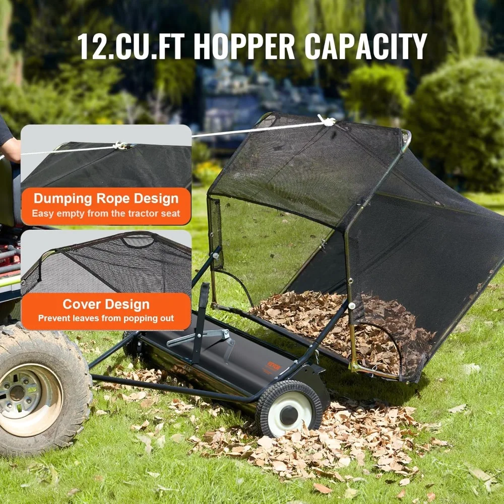 42 Inch Lawn Sweeper Tow Behind, 12 cu.ft. Large Pull Behind Grass Sweeper, Heavy Duty Leaf & Grass Collector with Dumping Rope
