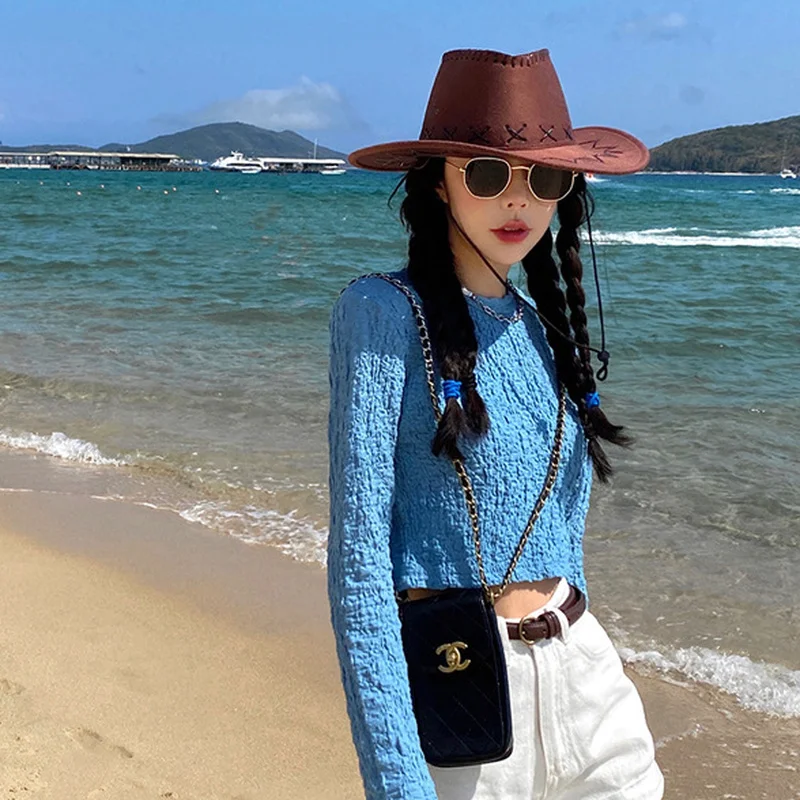 

Fashion Chic Hollow Out Short Slim Tops 2021 Spring New Elegant Temperament Long Sleeve Round Neck Pleated Bottom Blue T-shirts