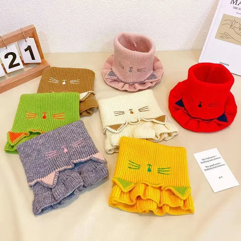 New Warmer Baby Knitted Scarf Cute Cartoon Cat Ruffle Neck Girls Kids Warm Collar Circle Outdoor Winter Scarf