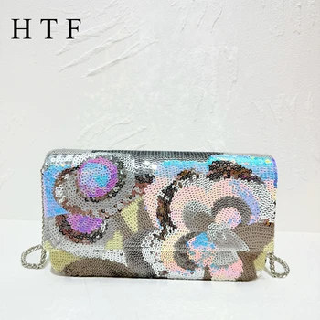 Borsa da sera Borsa da sera dal design floreale ricamato con paillettes Pochette da donna alla moda elegante e raffinata con catena in metallo