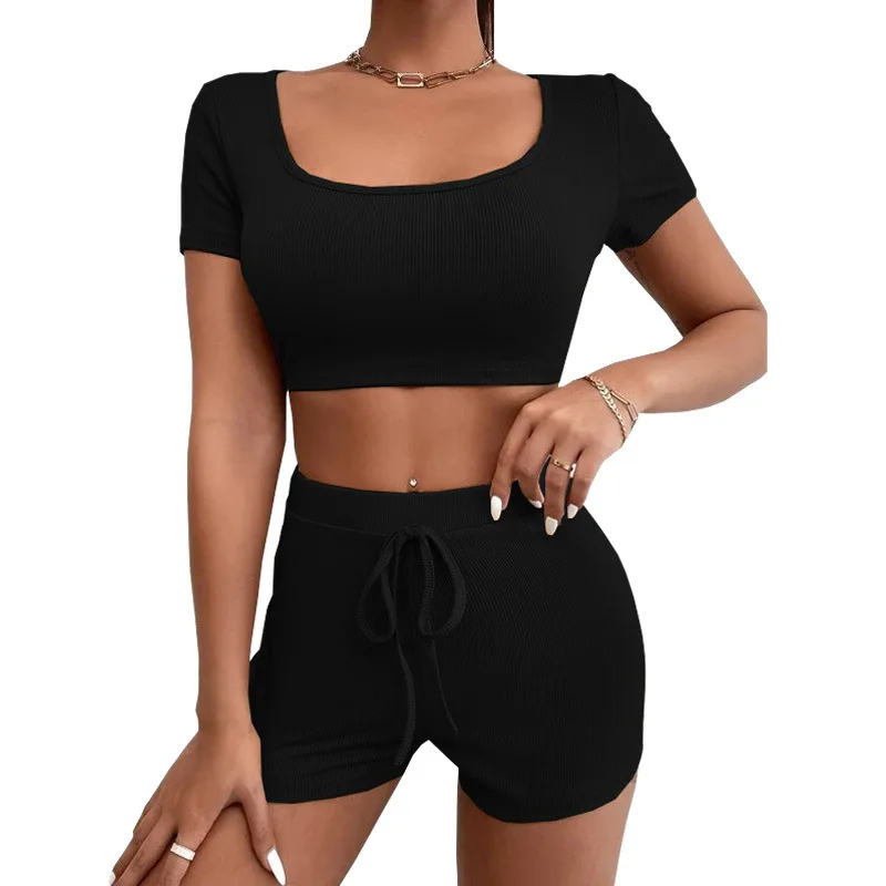 Women's Shorts Suit 2023 Summer New Solid Color Revealing Suit Fashion Square Neck Drawstring Tight Suit square neck threaded triangle pants jumpsuit t shaped yoga suit quick drying and breathable tight fitting bodysuit