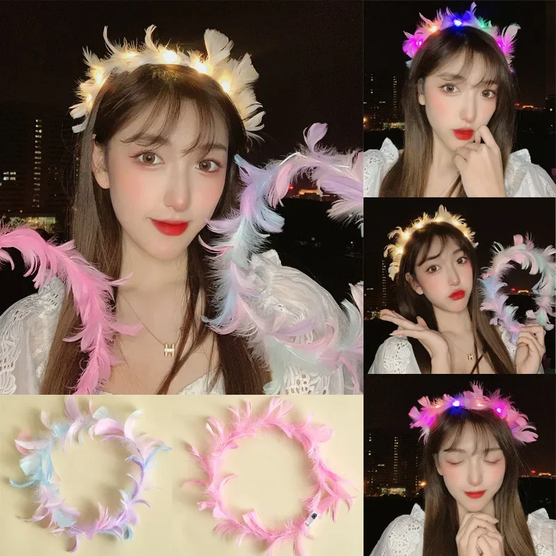 LED Feather Wreath Crown Headband Bunny Ears Headband for Women Wedding Christmas Glow Party 15cm glow headband luminous hair bands