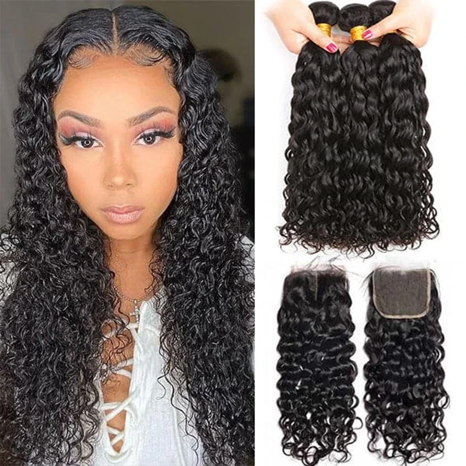 

Water Wave Bundles With Closure 12A Unprocessed Brazilian Remy Curly Human Hair 3 Bundles With HD Lace Frontal Thick End Isee