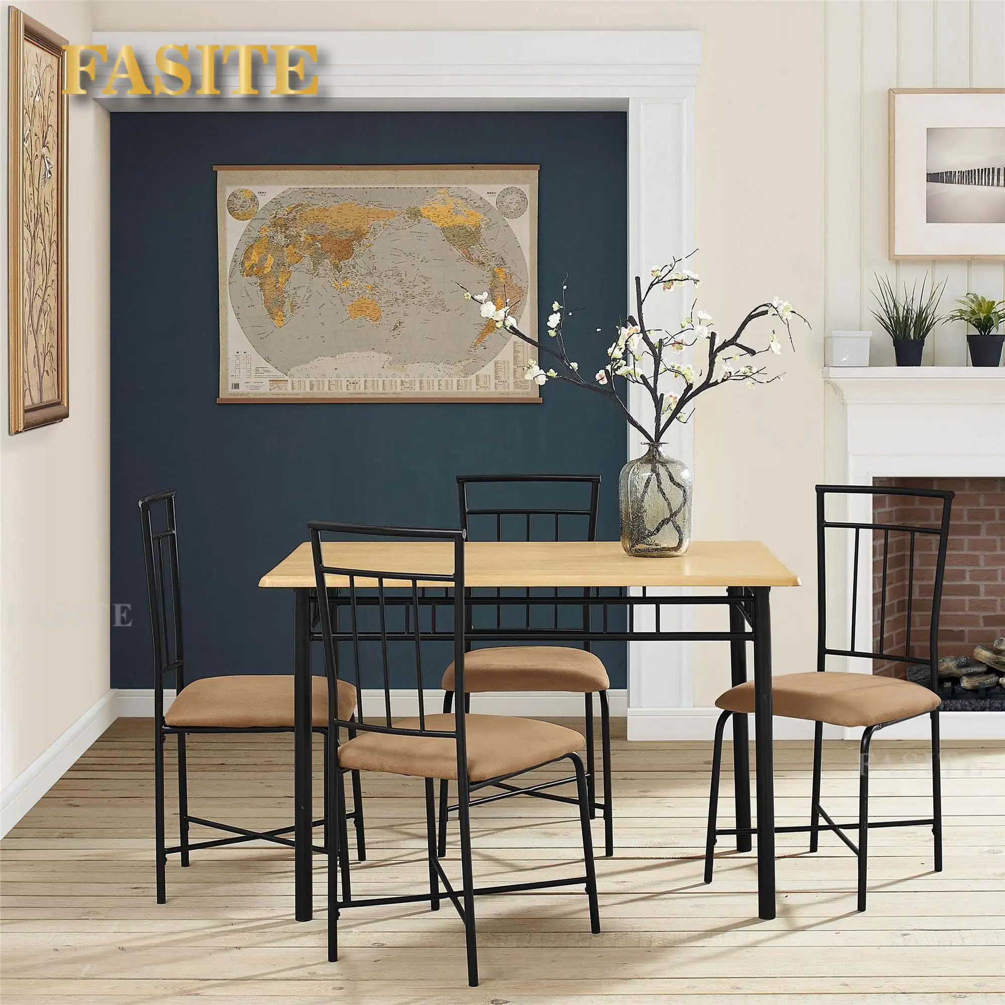 Traditional 3/5-Piece Wood & Metal Dining Set for 2/4, Suitable for Kitchen, Dining Room, Indoor Patio Furniture