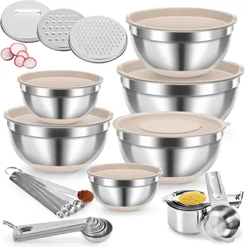 30PCS Mixing Bowls with Lids Set, 7QT to 1QT Stainless Steel Nesting Bowls with Graters, Non-Slip Silicone Bottom, Large Khaki B 1